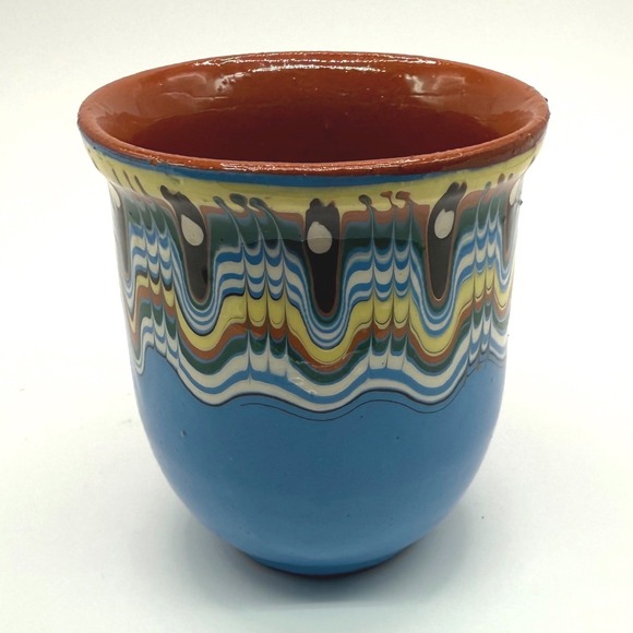 Vintage Bulgarian Troyan Pottery Cup Handcrafted Marbled Folk Art Ceramic Blue - Picture 2 of 12